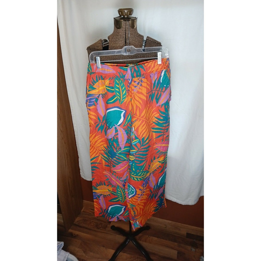 C&C California Women Large Floral Linen Pants Orange Tropical Wide Leg High Rise